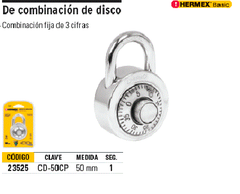 Candado de Combinacion de Disco 50mm, Combinacion Fija 3 digitos, CD-50CP  23525 Hermex